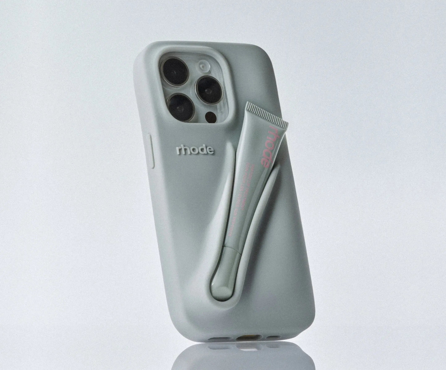 Rhode Lip Case grey phone case with lip product holder - sleek minimalist phone case with dedicated lip gloss storage pocket